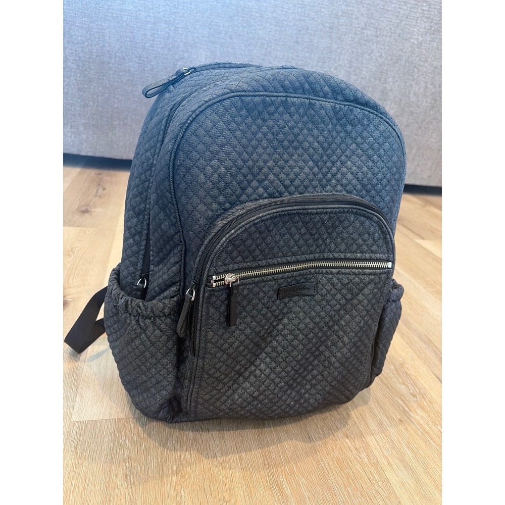 Vera Bradley Quilted Denim Gray Campus Backpack Floral Lining Laptop Bag